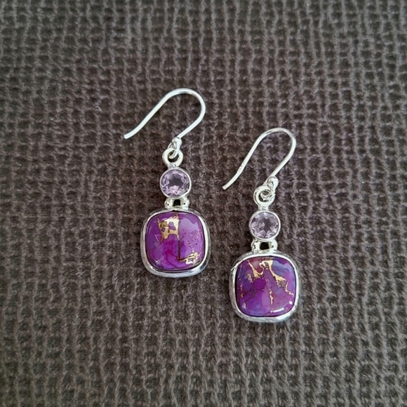 Shivam Square Shaped Purple💜 Copper Turquoise With Gold💛 Veins Earrings - Picture 3 of 16